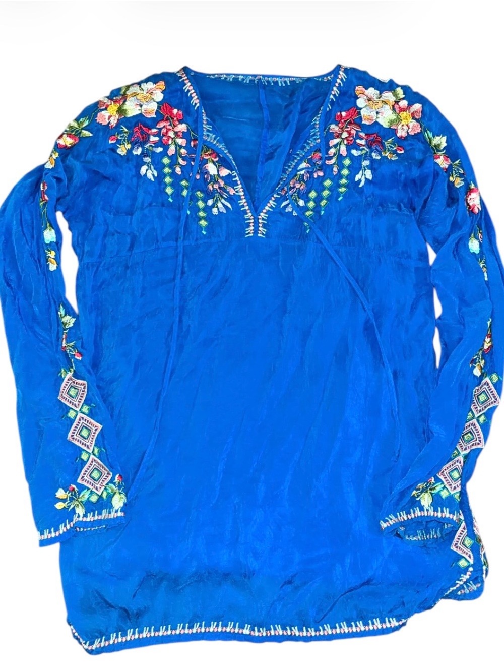 Johnny Was Vanessa Tunic Blouse Blue Embroidered Cupra Floral Boho Tunic - Picture 2 of 3